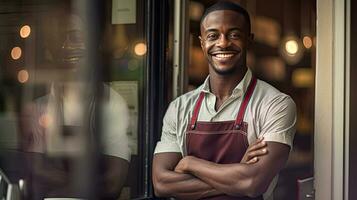 Portrait of happy African American man standing at doorway of her store. Cheerful mature waitress waiting for clients at coffee shop. Small Business Owner. Generative Ai photo