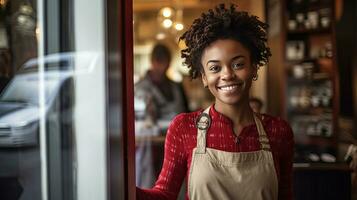 Portrait of happy African American young woman standing at doorway of her store. Cheerful mature waitress waiting for clients at coffee shop. Small Business Owner. Generative Ai photo