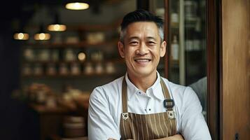 Portrait of happy asian man standing at doorway of her store. Cheerful mature waitress waiting for clients at coffee shop. Small Business Owner. Generative Ai photo