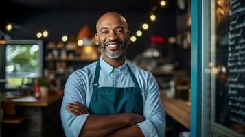 Portrait of happy African American man standing at doorway of her store. Cheerful mature waitress waiting for clients at coffee shop. Small Business Owner. Generative Ai photo