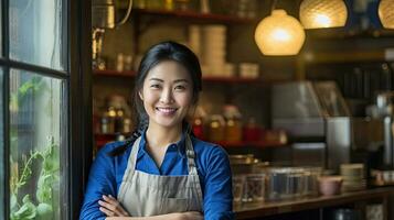 Portrait of happy asian woman standing at doorway of her store. Cheerful mature waitress waiting for clients at coffee shop. Small Business Owner. Generative Ai photo