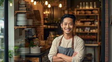 retrato de contento asiático joven hombre en pie a puerta de su almacenar. alegre maduro camarera esperando para clientela a café tienda. pequeño negocio dueño. generativo ai foto