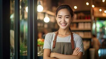 Portrait of happy asian young woman standing at doorway of her store. Cheerful mature waitress waiting for clients at coffee shop. Small Business Owner. Generative Ai photo