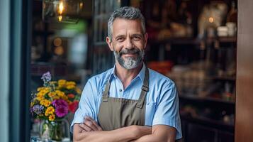 retrato de contento hombre en pie a puerta de su almacenar. alegre maduro camarera esperando para clientela a café tienda. pequeño negocio dueño. generativo ai foto