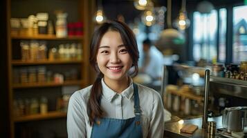 retrato de contento asiático joven mujer en pie a puerta de su almacenar. alegre maduro camarera esperando para clientela a café tienda. pequeño negocio dueño. generativo ai foto