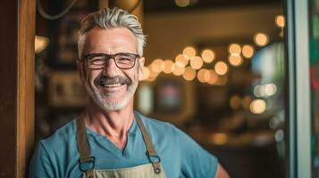 Portrait of happy man standing at doorway of her store. Cheerful mature waitress waiting for clients at coffee shop. Small Business Owner. Generative Ai photo