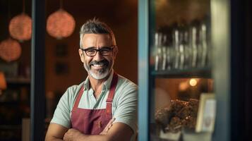 Portrait of happy man standing at doorway of her store. Cheerful mature waitress waiting for clients at coffee shop. Small Business Owner. Generative Ai photo