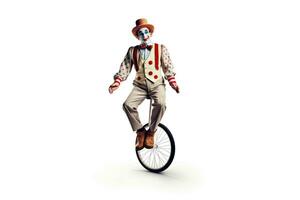 Clown on a unicycle juggling isolated on white background. Generative Ai photo