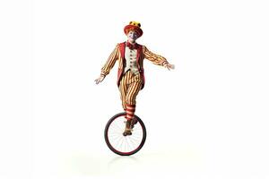 Clown on a unicycle juggling isolated on white background. Generative Ai photo