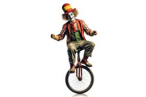 Clown on a unicycle juggling isolated on white background. Generative Ai photo