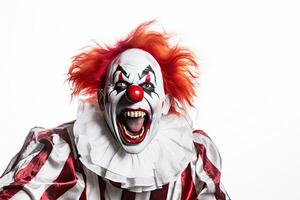 a funny cheerful screaming clown isolated on white background. Generative Ai photo