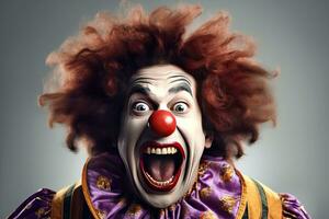 a funny cheerful screaming clown isolated on white background. Generative Ai photo