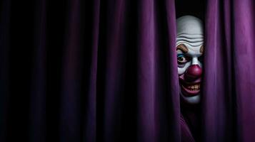 a scary evil clown peering out from a purple stage curtain, asking for silence, with a negative space on one side. Generative Ai photo