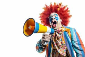 Happy clown screaming into loudspeaker making wide steps isolated on white background. Generative Ai photo