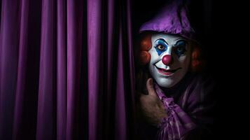 a scary evil clown peering out from a purple stage curtain, asking for silence, with a negative space on one side. Generative Ai photo