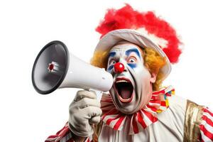 Happy clown screaming into loudspeaker making wide steps isolated on white background. Generative Ai photo