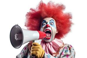 Happy clown screaming into loudspeaker making wide steps isolated on white background. Generative Ai photo