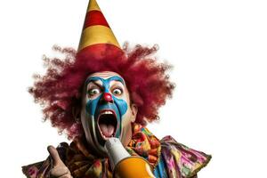 Happy clown screaming into loudspeaker making wide steps isolated on white background. Generative Ai photo