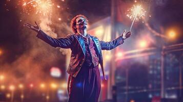 Night street circus performance whit clown, juggler. Festival city background. fireworks and Celebration atmosphere. photo