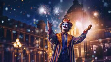 Night street circus performance whit clown, juggler. Festival city background. fireworks and Celebration atmosphere. photo