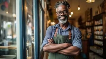 Portrait of happy African American man standing at doorway of her store. Cheerful mature waitress waiting for clients at coffee shop. Small Business Owner. Generative Ai photo