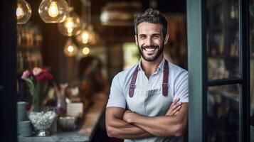 Portrait of happy young man standing at doorway of her store. Cheerful mature waitress waiting for clients at coffee shop. Small Business Owner. Generative Ai photo