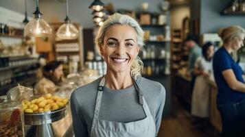 Portrait of happy woman standing at doorway of her store. Cheerful mature waitress waiting for clients at coffee shop. Small Business Owner. Generative Ai photo