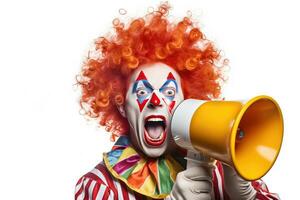 Happy clown screaming into loudspeaker making wide steps isolated on white background. Generative Ai photo