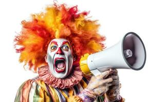 Happy clown screaming into loudspeaker making wide steps isolated on white background. Generative Ai photo