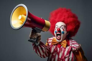 Happy clown screaming into loudspeaker making wide steps isolated on white background. Generative Ai photo