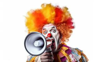 Happy clown screaming into loudspeaker making wide steps isolated on white background. Generative Ai photo