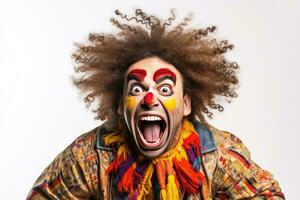 a funny cheerful screaming clown isolated on white background. Generative Ai photo