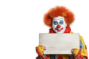 Funny cheerful clown with blank board isolated on white background. Generative Ai photo