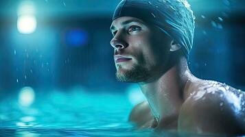 a muscular young man in blue cap in swimming pool. generative ai photo