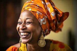 African american woman, joyful middle aged african american woman with orange headscarf. Beautiful black woman in casual clothing with traditional turban at home laughing. Generative Ai photo