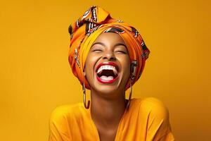 African american woman, Smiling african american young woman in casual clothing with traditional turban at home laughing at beige studio background. Generative Ai photo