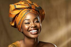 African american woman, Smiling african american young woman in casual clothing with traditional turban at home laughing at beige studio background. Generative Ai photo