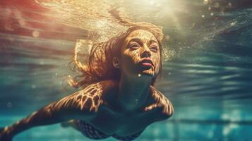 a female swimmer at the swimming pool. underwater picture. generative ai photo