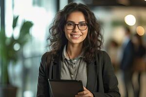 Asian young woman, company worker in glasses, smiling and holding digital tablet standing in creative office. Generative Ai photo