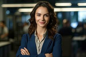 retrato de exitoso mujer de negocios en pie en oficina. un joven sonriente mujer mirando a cámara con cruzado brazos. contento niña en pie en creativo oficina. generativo ai foto