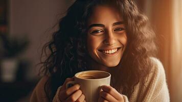 alegre joven mujer disfrutando un taza de café a hogar. generativo ai foto
