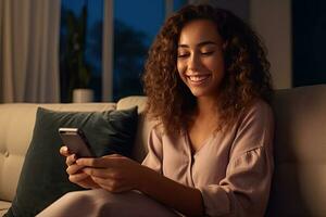 alegre joven latín mujer utilizando móvil teléfono aplicación jugando juego, compras en línea, ordenando entrega relajarse en sofá. generativo ai foto