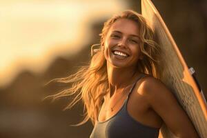 Cheerful lady with a surfboard at the beach. Surf. Generaive Ai photo