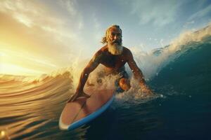 a mature man surfer in the water for sport, fitness and surfing during summer. Training, workout and exercise with a male athlete on his surfboard in the ocean. Surf. Generaive Ai photo