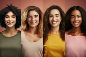 Diversity And Variety Concept. Creative composite collage series of optimistic multicultural women smiling on colorful studio backgrounds. Headshot portraits of multiracial ladies. Generative Ai photo