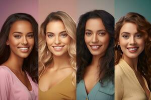 Diversity And Variety Concept. Creative composite collage series of optimistic multicultural women smiling on colorful studio backgrounds. Headshot portraits of multiracial ladies. Generative Ai photo