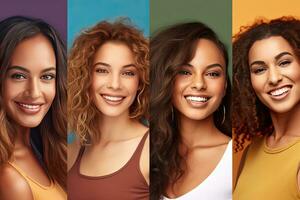 Diversity And Variety Concept. Creative composite collage series of optimistic multicultural women smiling on colorful studio backgrounds. Headshot portraits of multiracial ladies. Generative Ai photo