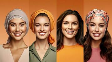 Diversity And Variety Concept. Creative composite collage series of optimistic multicultural women smiling on colorful studio backgrounds. Headshot portraits of multiracial ladies. Generative Ai photo