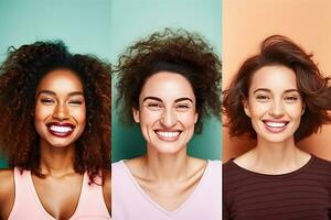 Diversity And Variety Concept. Creative composite collage series of optimistic multicultural women smiling on colorful studio backgrounds. Headshot portraits of multiracial ladies. Generative Ai photo