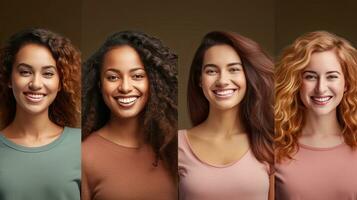 Diversity And Variety Concept. Creative composite collage series of optimistic multicultural women smiling on colorful studio backgrounds. Headshot portraits of multiracial ladies. Generative Ai photo